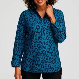Chico's Blue Animal Print Button Down Blouse Size 16